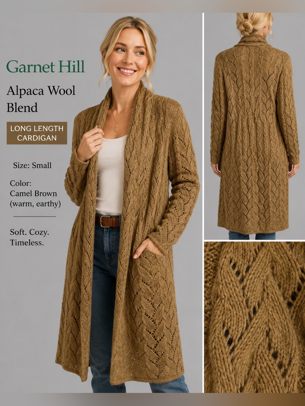 Garnet Hill Alpaca Wool Blend Long Open Knit Cardigan Sweater | Size Small